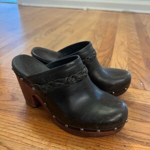 Ugg Black Leather Clogs with Wooden Heel and Sheepskin insert
